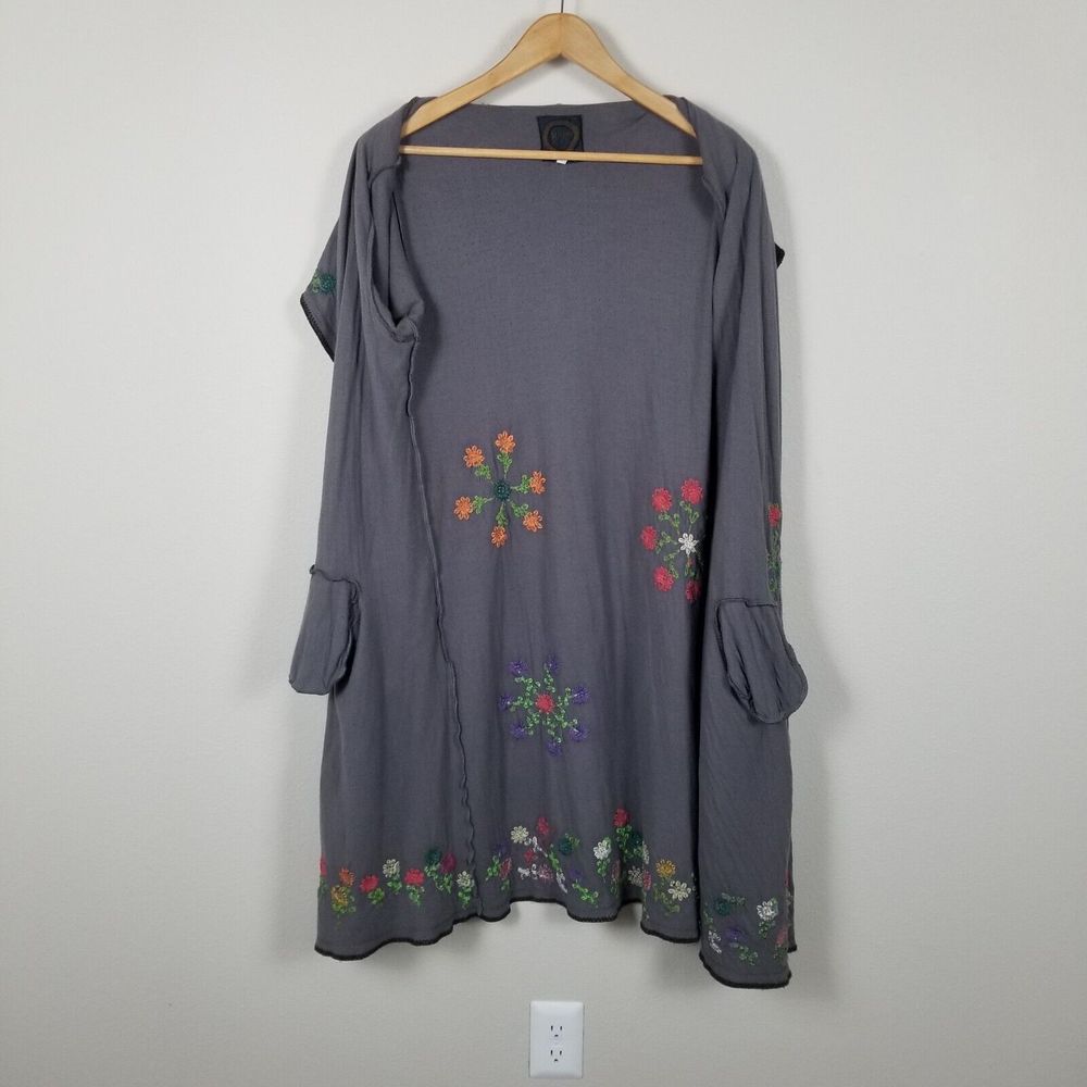 Biya Johnny Was Brown Floral Embroidered Waterfall Long Brown Cardigan Size M - Picture 13 of 15